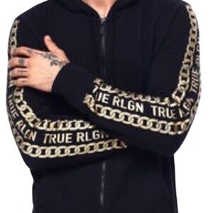 True Religion Mens Zip Hoodie Cotton Fleece Sweatshirt Black size small